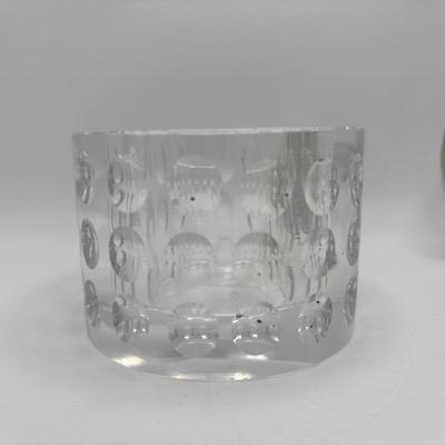 LOT 251: Signed Oleg Cassini Etched Leaf Crystal and Bubble Glass Votives with Crystal Perfume Bottle & Cobalt Blue Vase