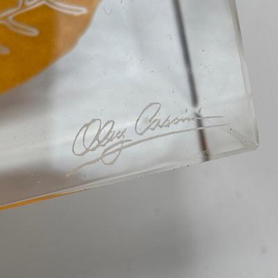 LOT 251: Signed Oleg Cassini Etched Leaf Crystal and Bubble Glass Votives with Crystal Perfume Bottle & Cobalt Blue Vase