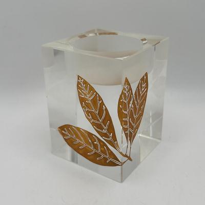 LOT 251: Signed Oleg Cassini Etched Leaf Crystal and Bubble Glass Votives with Crystal Perfume Bottle & Cobalt Blue Vase