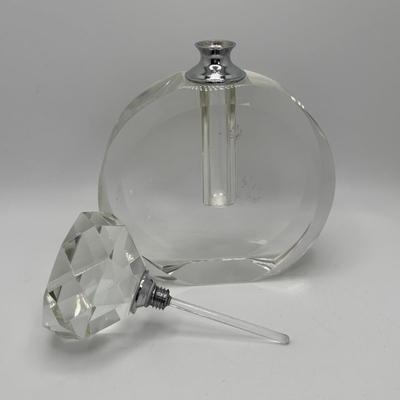 LOT 251: Signed Oleg Cassini Etched Leaf Crystal and Bubble Glass Votives with Crystal Perfume Bottle & Cobalt Blue Vase