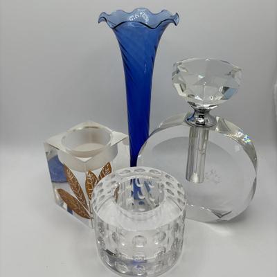 LOT 251: Signed Oleg Cassini Etched Leaf Crystal and Bubble Glass Votives with Crystal Perfume Bottle & Cobalt Blue Vase