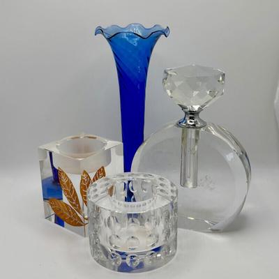 LOT 251: Signed Oleg Cassini Etched Leaf Crystal and Bubble Glass Votives with Crystal Perfume Bottle & Cobalt Blue Vase