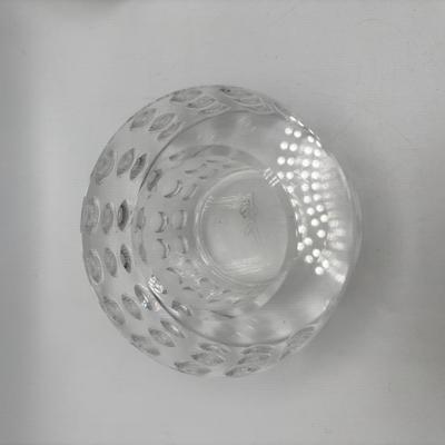 LOT 251: Signed Oleg Cassini Etched Leaf Crystal and Bubble Glass Votives with Crystal Perfume Bottle & Cobalt Blue Vase
