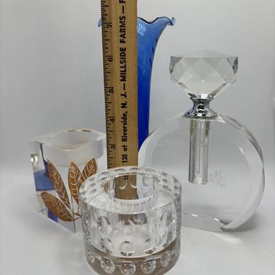 LOT 251: Signed Oleg Cassini Etched Leaf Crystal and Bubble Glass Votives with Crystal Perfume Bottle & Cobalt Blue Vase