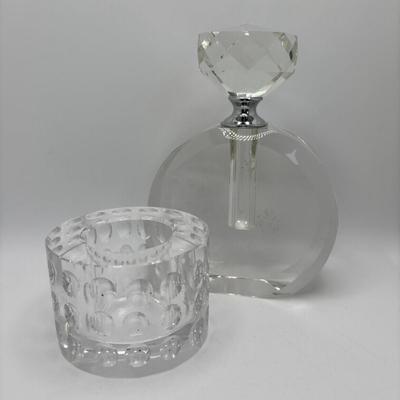 LOT 251: Signed Oleg Cassini Etched Leaf Crystal and Bubble Glass Votives with Crystal Perfume Bottle & Cobalt Blue Vase