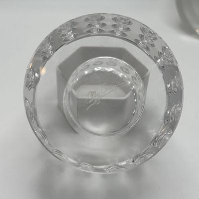 LOT 251: Signed Oleg Cassini Etched Leaf Crystal and Bubble Glass Votives with Crystal Perfume Bottle & Cobalt Blue Vase