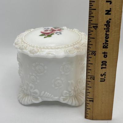 LOT 253: Hand Painted Trinket Dish, Purple Pitcher Plant Vase, Painted Milk Glass Trinket Box & More