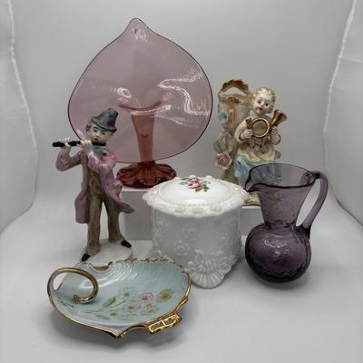 LOT 253: Hand Painted Trinket Dish, Purple Pitcher Plant Vase, Painted Milk Glass Trinket Box & More