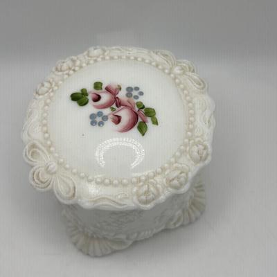 LOT 253: Hand Painted Trinket Dish, Purple Pitcher Plant Vase, Painted Milk Glass Trinket Box & More