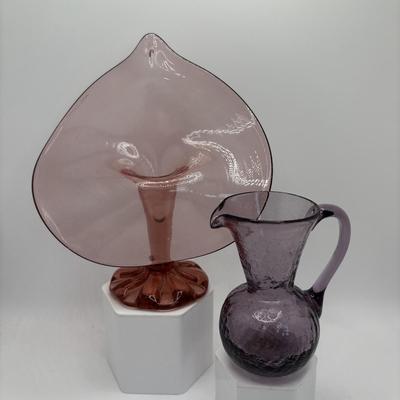 LOT 253: Hand Painted Trinket Dish, Purple Pitcher Plant Vase, Painted Milk Glass Trinket Box & More