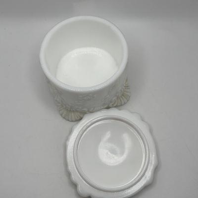 LOT 253: Hand Painted Trinket Dish, Purple Pitcher Plant Vase, Painted Milk Glass Trinket Box & More