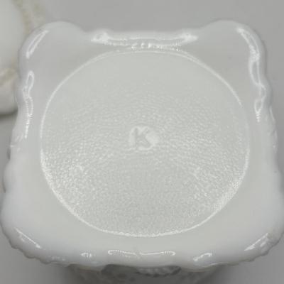 LOT 253: Hand Painted Trinket Dish, Purple Pitcher Plant Vase, Painted Milk Glass Trinket Box & More