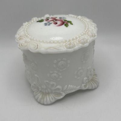 LOT 253: Hand Painted Trinket Dish, Purple Pitcher Plant Vase, Painted Milk Glass Trinket Box & More