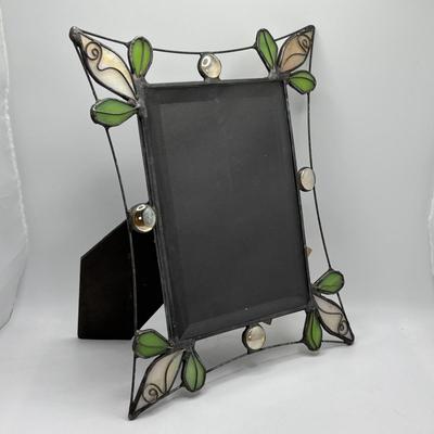 LOT 255: Art Glass Collection: Stained Glassed Diane Markin Picture Frame, Beveled Diamond Cluster-Stained Glass Panel, Green Teal...