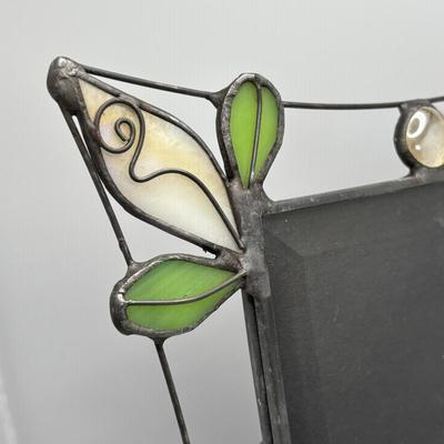 LOT 255: Art Glass Collection: Stained Glassed Diane Markin Picture Frame, Beveled Diamond Cluster-Stained Glass Panel, Green Teal...