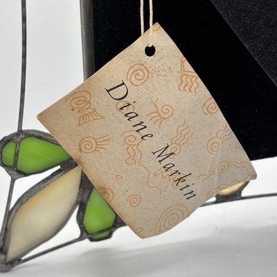 LOT 255: Art Glass Collection: Stained Glassed Diane Markin Picture Frame, Beveled Diamond Cluster-Stained Glass Panel, Green Teal...