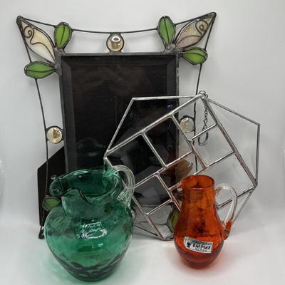 LOT 255: Art Glass Collection: Stained Glassed Diane Markin Picture Frame, Beveled Diamond Cluster-Stained Glass Panel, Green Teal...