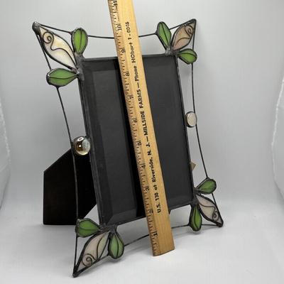 LOT 255: Art Glass Collection: Stained Glassed Diane Markin Picture Frame, Beveled Diamond Cluster-Stained Glass Panel, Green Teal...