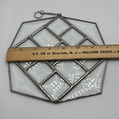 LOT 255: Art Glass Collection: Stained Glassed Diane Markin Picture Frame, Beveled Diamond Cluster-Stained Glass Panel, Green Teal...