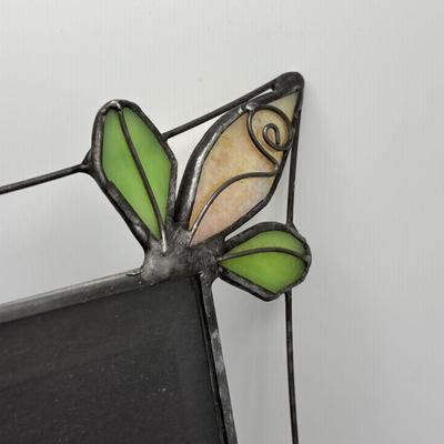 LOT 255: Art Glass Collection: Stained Glassed Diane Markin Picture Frame, Beveled Diamond Cluster-Stained Glass Panel, Green Teal...