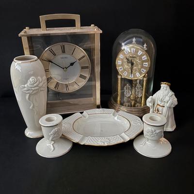 LOT 257: Seiko & Howard Miller Anniversary Clock Battery Operated Clocks and Lenox Vase, Candle Sticks, Ashtray
