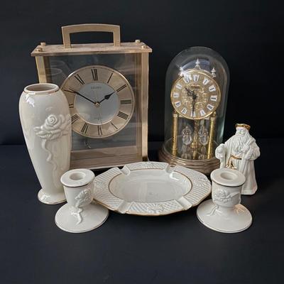 LOT 257: Seiko & Howard Miller Anniversary Clock Battery Operated Clocks and Lenox Vase, Candle Sticks, Ashtray