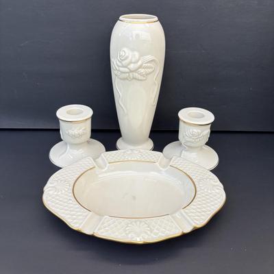 LOT 257: Seiko & Howard Miller Anniversary Clock Battery Operated Clocks and Lenox Vase, Candle Sticks, Ashtray