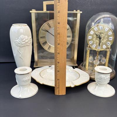 LOT 257: Seiko & Howard Miller Anniversary Clock Battery Operated Clocks and Lenox Vase, Candle Sticks, Ashtray