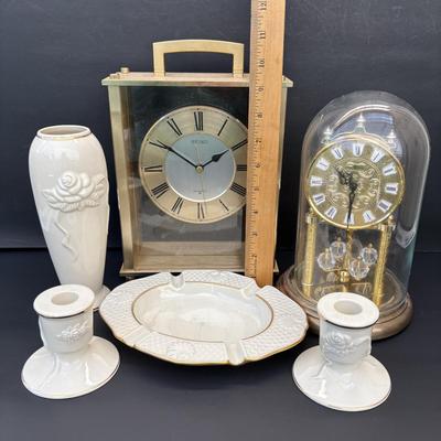 LOT 257: Seiko & Howard Miller Anniversary Clock Battery Operated Clocks and Lenox Vase, Candle Sticks, Ashtray