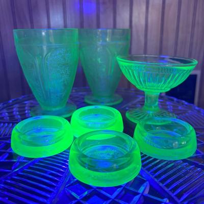 LOT 258: Vintage Uranuim Glass Furniture Casters, Sherbet Dish & Footed Tumblers along with a Crystal Cake Stand & Divided...