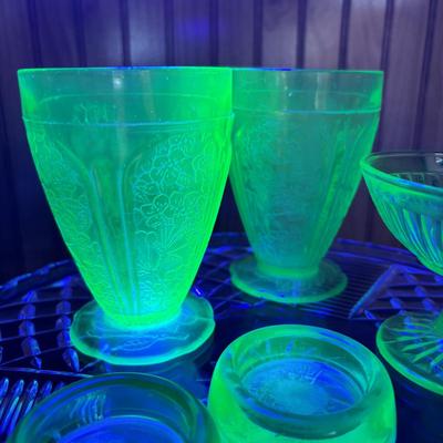 LOT 258: Vintage Uranuim Glass Furniture Casters, Sherbet Dish & Footed Tumblers along with a Crystal Cake Stand & Divided...