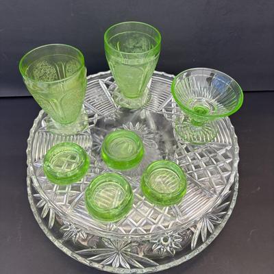LOT 258: Vintage Uranuim Glass Furniture Casters, Sherbet Dish & Footed Tumblers along with a Crystal Cake Stand & Divided...