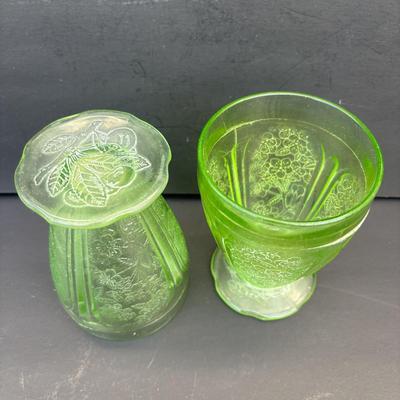 LOT 258: Vintage Uranuim Glass Furniture Casters, Sherbet Dish & Footed Tumblers along with a Crystal Cake Stand & Divided...