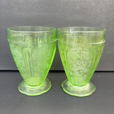 LOT 258: Vintage Uranuim Glass Furniture Casters, Sherbet Dish & Footed Tumblers along with a Crystal Cake Stand & Divided...