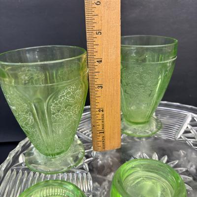LOT 258: Vintage Uranuim Glass Furniture Casters, Sherbet Dish & Footed Tumblers along with a Crystal Cake Stand & Divided...
