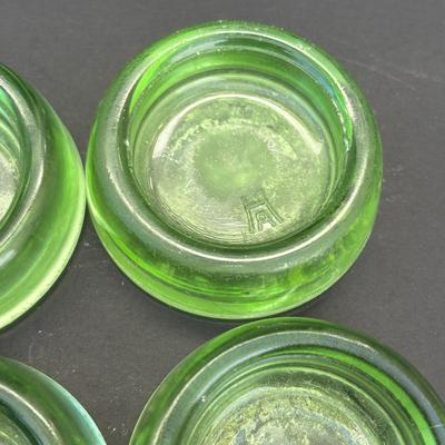 LOT 258: Vintage Uranuim Glass Furniture Casters, Sherbet Dish & Footed Tumblers along with a Crystal Cake Stand & Divided...