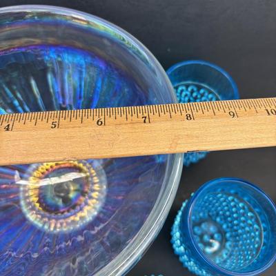 LOT 260: Wheaton Village Iridescent Bowl & Aqua Blue Hobnail Glasses (7)
