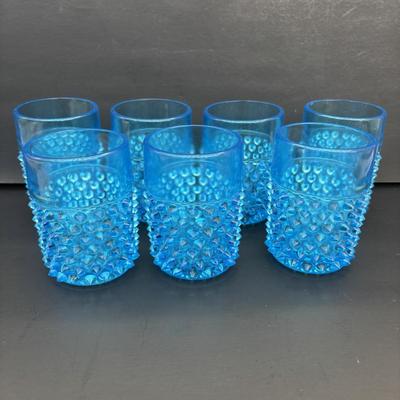 LOT 260: Wheaton Village Iridescent Bowl & Aqua Blue Hobnail Glasses (7)
