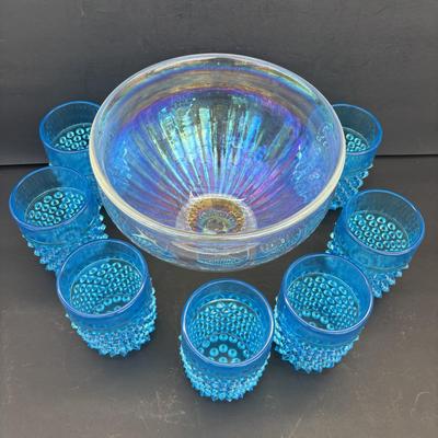 LOT 260: Wheaton Village Iridescent Bowl & Aqua Blue Hobnail Glasses (7)