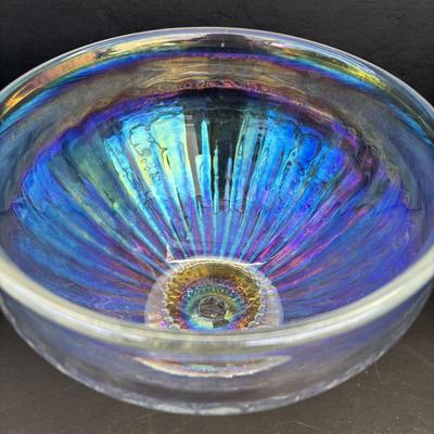 LOT 260: Wheaton Village Iridescent Bowl & Aqua Blue Hobnail Glasses (7)