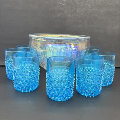 LOT 260: Wheaton Village Iridescent Bowl & Aqua Blue Hobnail Glasses (7)