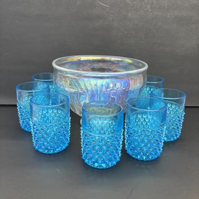 LOT 260: Wheaton Village Iridescent Bowl & Aqua Blue Hobnail Glasses (7)