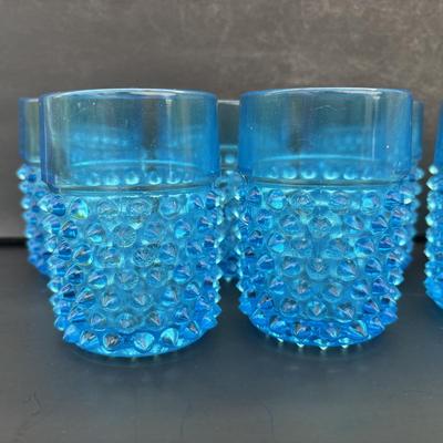 LOT 260: Wheaton Village Iridescent Bowl & Aqua Blue Hobnail Glasses (7)