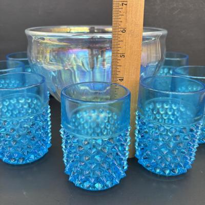 LOT 260: Wheaton Village Iridescent Bowl & Aqua Blue Hobnail Glasses (7)