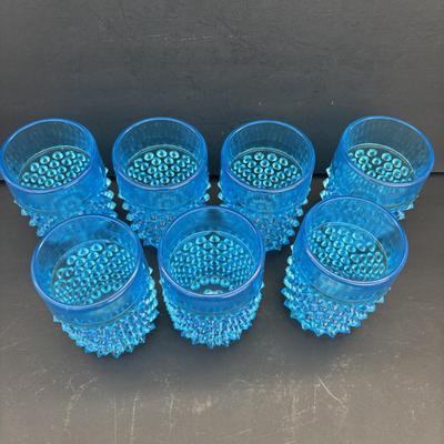 LOT 260: Wheaton Village Iridescent Bowl & Aqua Blue Hobnail Glasses (7)