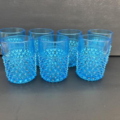 LOT 260: Wheaton Village Iridescent Bowl & Aqua Blue Hobnail Glasses (7)