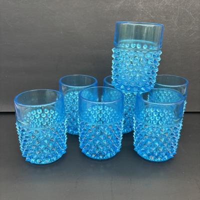 LOT 260: Wheaton Village Iridescent Bowl & Aqua Blue Hobnail Glasses (7)