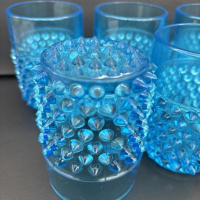 LOT 260: Wheaton Village Iridescent Bowl & Aqua Blue Hobnail Glasses (7)