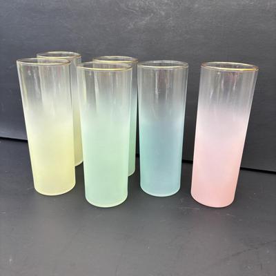 LOT 263: MCM Frosted Ombre Glasses w/ Gold Rim: Yellow (2), Green (2) Blue Pink