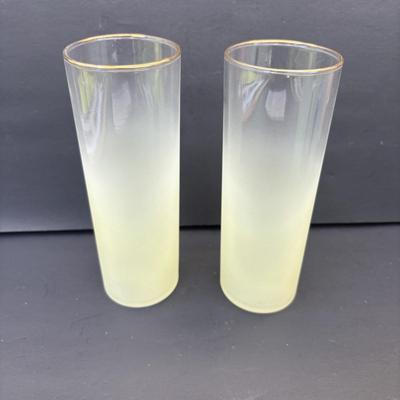 LOT 263: MCM Frosted Ombre Glasses w/ Gold Rim: Yellow (2), Green (2) Blue Pink